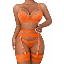(Orange, 3XL) Conjunto de lencería de encaje para mujer de 4 piezas: liguero transparente con cinturón y bandas para los muslos.