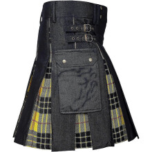 (Yellow, M) Męski kilt użytkowy z hybrydowej tkaniny bawełnianej z jeansami i nowoczesnym wzorem kratki w kratę