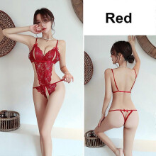 (Red, 2XL) Pijama babydoll de encaje sin mangas, sin espalda y con cierre de cordón