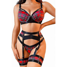 (Red Plaid, 3XL) Conjunto de lencería de encaje para mujer de 4 piezas: liguero transparente con cinturón y bandas para los muslos.