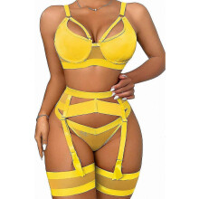(Yellow, 2XL) Conjunto de lencería de encaje para mujer de 4 piezas: liguero transparente con cinturón y bandas para los muslos.