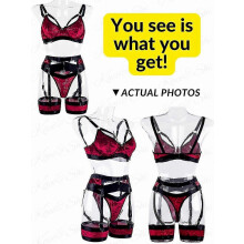 (Red Velvet, XS) Conjunto de lencería de encaje de 4 piezas: liguero transparente con sujetador, braguita, cinturón y tirantes de malla con aros.