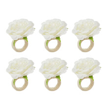 Lot de 6 ronds de serviette en fleurs artificielles,-Blanc