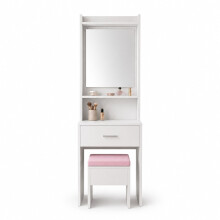(Pink Stool) White Dressing Table w/ Mirror Drawer and Stool