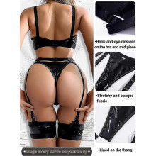(Black Leather, XS) Conjunto de lencería de encaje para mujer de 4 piezas: liguero transparente con cinturón y bandas para los muslos.