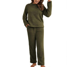 (Navy Blue, S) Damen-Fleece-Pyjama-Set mit langen Ärmeln, Plüsch-Loungewear, Nachtwäsche, Armeegrün