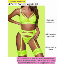 (Neon Green, 2XL) Conjunto de lencería de encaje para mujer de 4 piezas: liguero transparente con cinturón y bandas para los muslos.