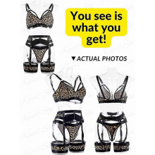 (Leopard, XL) Conjunto de lencería de encaje para mujer de 4 piezas: liguero transparente con cinturón y bandas para los muslos.