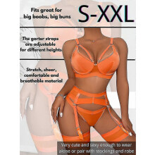 (Orange, L) Conjunto de lencería de encaje para mujer de 4 piezas: liguero transparente con cinturón y bandas para los muslos.