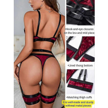 (Red Velvet, 3XL) Conjunto de lencería de encaje para mujer de 4 piezas: liguero transparente con cinturón y bandas para los muslos.