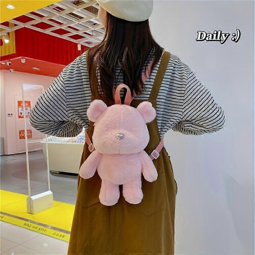 (black) Plush Doll Bear Backpack Anime Patterned Imitation Wool Zipper Closure Lining Polyester 1