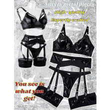 (Black Leather, 2XL) Conjunto de lencería de encaje para mujer de 4 piezas: liguero transparente con cinturón y bandas para los muslos.