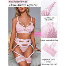 (Light Pink, M) Conjunto de lencería de encaje para mujer de 4 piezas: liguero transparente con cinturón y bandas para los muslos.