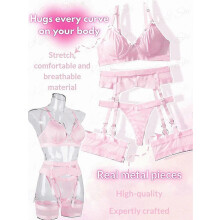 (Light Pink, 3XL) Conjunto de lencería de encaje para mujer de 4 piezas: liguero transparente con cinturón y bandas para los muslos.