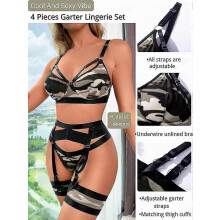 (Camo, L) Conjunto de lencería de encaje de 4 piezas: liguero transparente con sujetador, braguita, cinturón y tirantes de malla con aros.