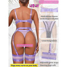 (Light Purple, XL) Conjunto de lencería de encaje para mujer de 4 piezas: liguero transparente con cinturón y bandas para los muslos.