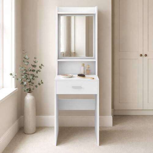 (Without Stool) White Dressing Table w/ Mirror Drawer and Stool 2