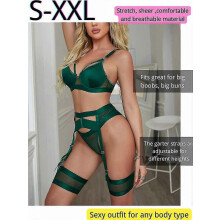 (Dark Green, XL) Conjunto de lencería de encaje de 4 piezas: liguero transparente con sujetador, braguita, cinturón y tirantes de malla con aros.