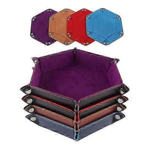 (White) Leather Folding Hexagon Dice Tray with Holder for Dice Storage and Rolling 2