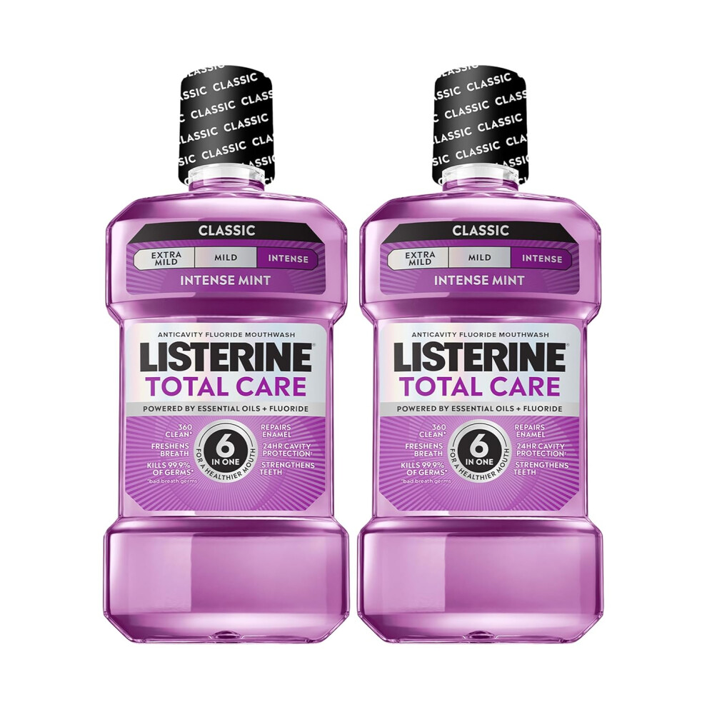 Listerine Mouthwash Total Care For Adults Kills 99.9% Of Bad Breath Germs In Intense Mint Antibacterial Fluoride Mouthwash, 2 Pack Of 33.8 Fl Oz​