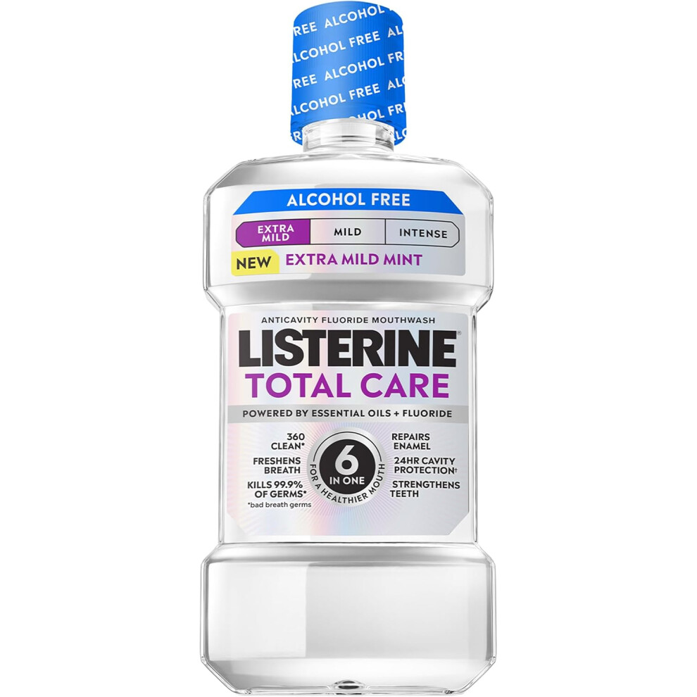 Listerine Mouthwash Total Care Anticavity Treatment For Adults Kills 99.9% Of Bad Breath Germs Extra Mild Mint, Mouthwash, 33.8 Fl Oz