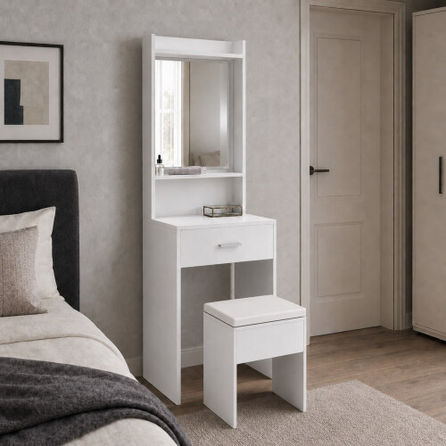 (White Stool) White Dressing Table w/ Mirror Drawer and Stool 2