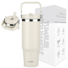 BesWin 30oz Tumbler with Handle and Straw, Double-Walled Leak-Proof Drinking Water Bottle for Cold or Hot Drinks, Gifts for Women & Men, Beige
