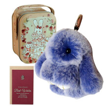 (Royal Blue) Handgemaakte konijnen sleutelhanger met blikken doosje en cadeaukaart - Zachte hanger van imitatiebont