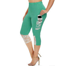 (Green, L) Damskie spodnie capri z wysokim stanem, elastyczna talią, koronkowe przeszycia, jednolity kolor, poliester, lato, codzienne, oddychające