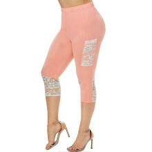 (Pink, 5XL) Damskie spodnie capri z wysokim stanem, elastyczna talią, koronkowe przeszycia, jednolity kolor, poliester, lato, codzienne, oddychające