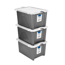 Addis 30 litre Metallic Grey Plastic Unistore Storage Boxes with clip lock lid and base, Pack of 3, tough reliable stackable nestable, Made in the UK,