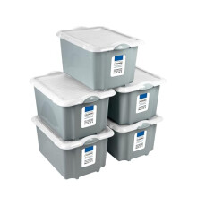 Addis 30 litre Eco Grey Plastic Unistore Storage Boxes Made in the UK from Recycled plastic, with clip lock lid and base, Pack of 5, tough reliable