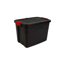 Strata Heavy Duty Large Storage Box with Lid, 60L, Lockable, Indoor/Outdoor, Clip Lock, Black with Red Handles