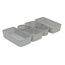 Carousel Home Set of 6 Grey Plastic Storage Baskets, Woven Style Organiser Bins Round Square and Rectangular for Bathroom Kitchen Office or Desk