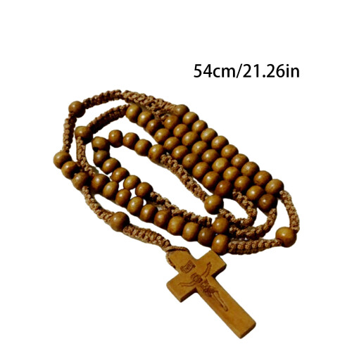 Collier chapelet croisé en perles de bois, collier de-Brun 1