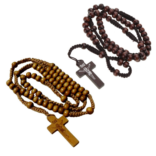 Collier chapelet croisé en perles de bois, collier de-Brun 2