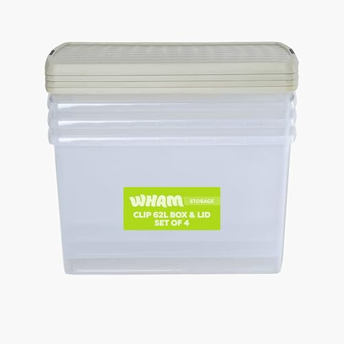 Wham Wham Clip 4 x 62L Rectangular Stackable Plastic Storage Boxes with Lids | Ideal for Home, Office, Toys & More | Storage Containers with Clip Locks |