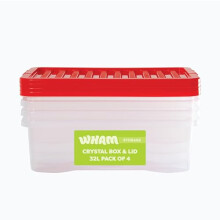 Wham Crystal 32L Stackable Plastic Storage Clear Boxes with Stronger Colour Lids | Ideal for Home, Office, Toys & More | Medium Boxes (Pack 4, Red