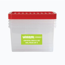 Wham Crystal 60L Stackable Plastic Storage Clear Boxes with Stronger Colour Lids | Ideal for Home, Office, Toys & More | Large Boxes (Pack 4, Red Lid)