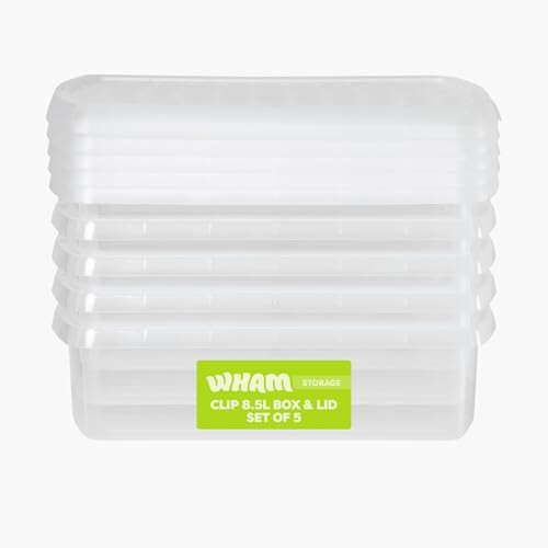Wham Wham Clip 5 x 8.5L Rectangular Stackable Plastic Storage Boxes with Lids | Ideal for Home, Office, Toys & More | Storage Containers with Clip Locks |