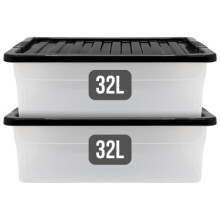 LITETRON Clear 32L 2 pack Plastic Under Bed Storage Box with Black Lid, Large Storage Container with Secure Lids, Space-Saving Storage Boxes for