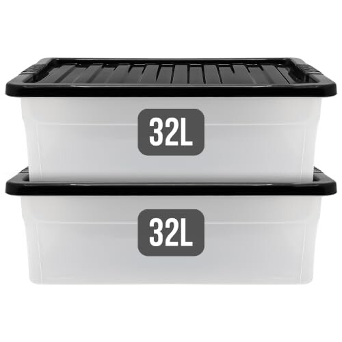 LITETRON Clear 32L 2 pack Plastic Under Bed Storage Box with Black Lid, Large Storage Container with Secure Lids, Space-Saving Storage Boxes for