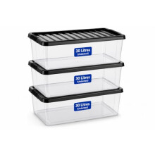 KAPCO 3 x 30 Litre Underbed Storage Boxes with Black Lids Set of 3 | 30L Clear Containers For Home, Kitchen, Garage, Office | Clear Multipurpose
