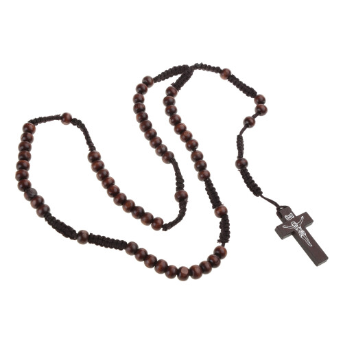 Collier chapelet croix en perles de bois,-Marron foncé