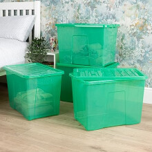 Wham Crystal 4x 80L Plastic Storage Boxes with Lids Tint Leprechaun Green. Large Size, Strong (Pack of 4, 80 Litre). Made in the UK