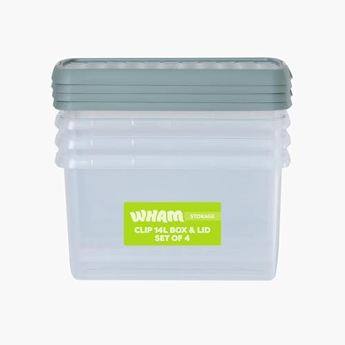 Wham Wham Clip 4 x 14L Rectangular Stackable Plastic Storage Boxes with Lids | Ideal for Home, Office, Toys & More | Storage Containers with Clip Locks |