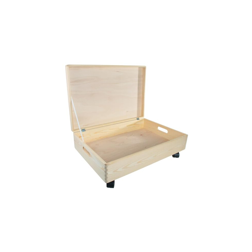B&Q -  Extra Large Shallow Wooden Storage Chest With Lid Handles Wheels For Toys Crafts Bedroom Organisation 60 X 40 X 19 Cm - Image 4