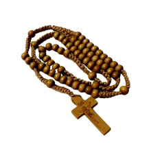Collier chapelet croisé en perles de bois, collier de-Brun