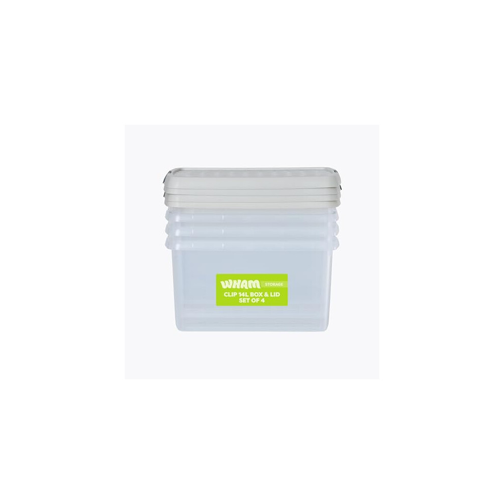 Wham Clip 4x 7L Rectangular Plastic Storage Boxes with Secure Clip Lock Lids. L:39 x W:24 x H:10.5cm Clear/Green Milieu/Stone - Image 3