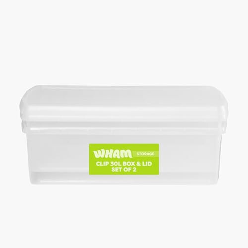 Wham Wham Clip 2 x 30L Rectangular Stackable Plastic Storage Boxes with Lids | Ideal for Home, Office, Toys & More | Storage Containers with Clip Locks |